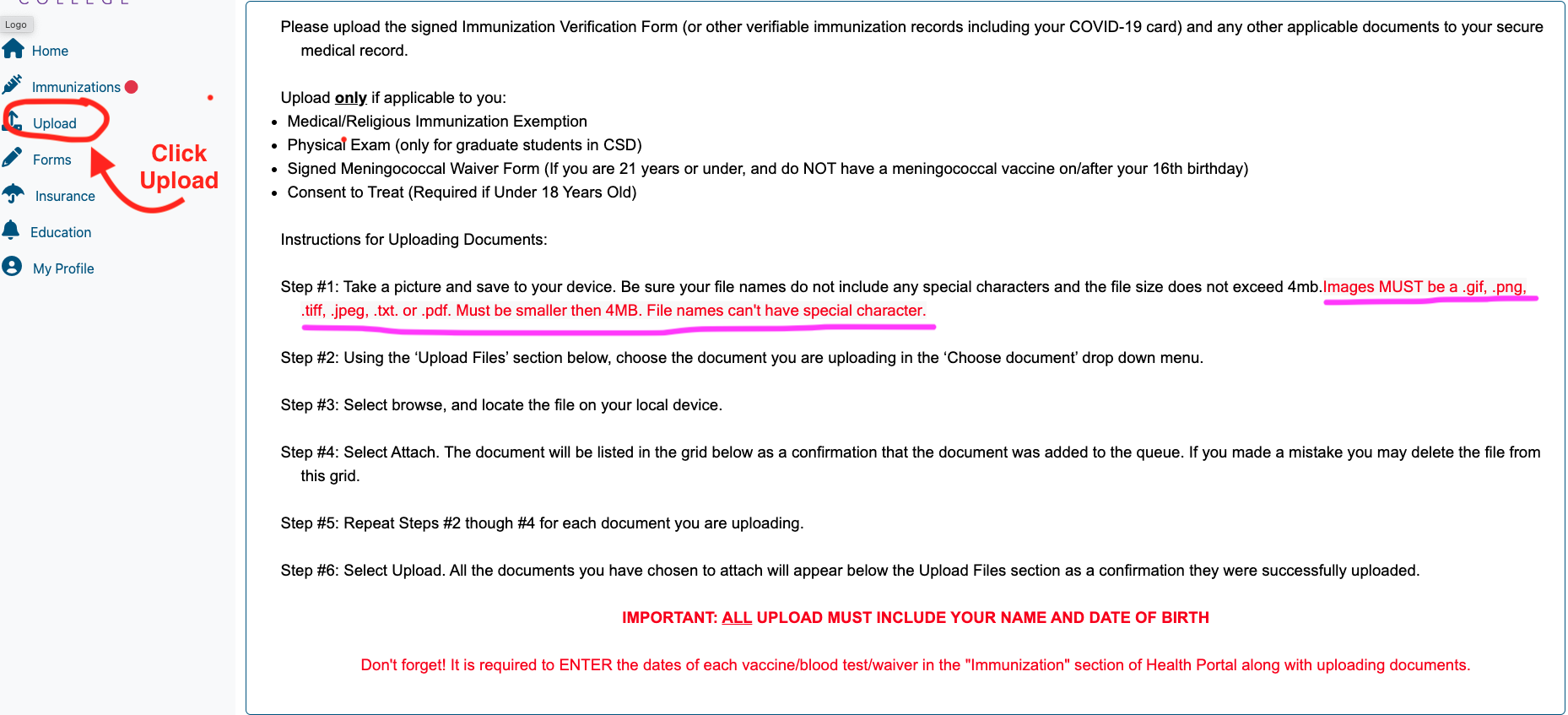 Instructions for the fifth step of the student health portal