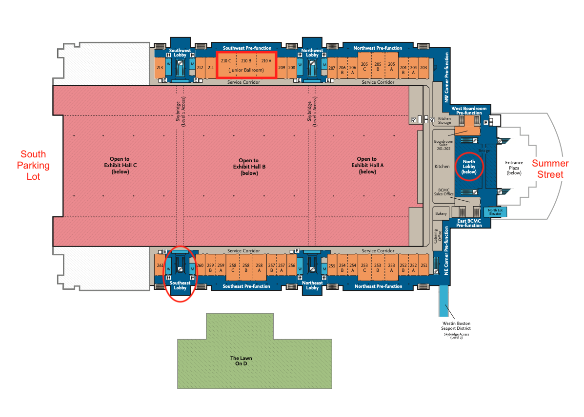 Map of the inside layout, entrances and parking lots at the Boston Convention and Exhibition Center. Rooms in the Southwest Pre-fuction block rooms 210 C, 210 B, 210 A (Junior Ballroom) are circled. The North Lobby entrance and Southeast Lobby entrance are also circled.