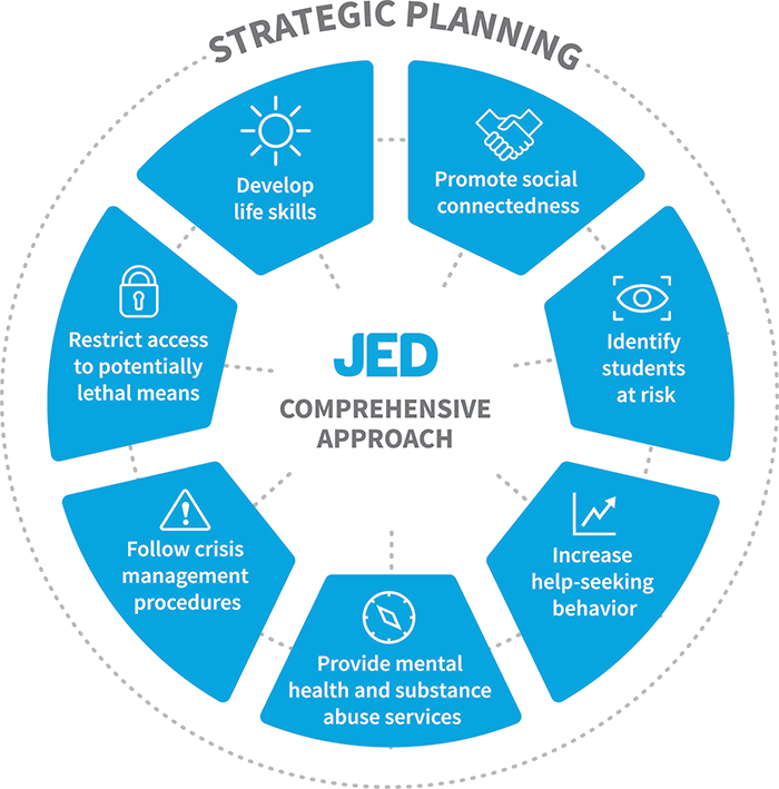 A circular split into small segments with specific strategies outlined and accompanied by an image