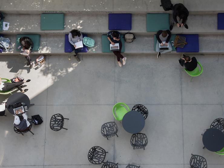 Aerial outdoor shot of patio with tables and chairs at Emerson Los Angeles