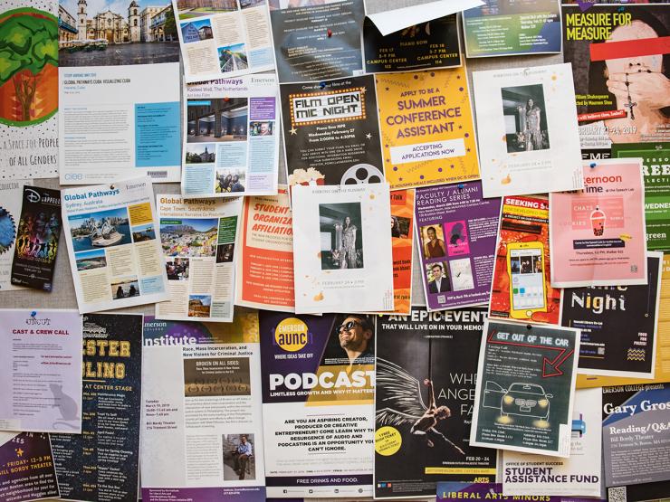 Bulletin board covered in posters and flyers