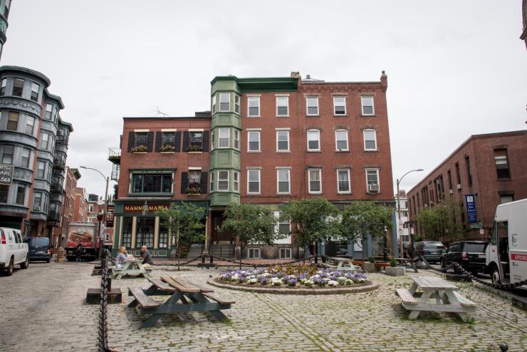 An apartment building in the North End, a well-known Italian neighborhood in Boston