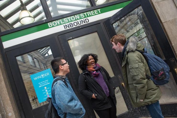 Students outside the Boylston subway stop