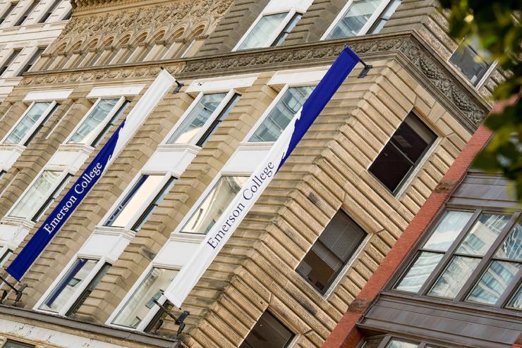 Tilted image of Emerson College banner on building