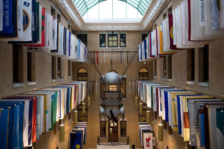 hallway of flags and banners at State House